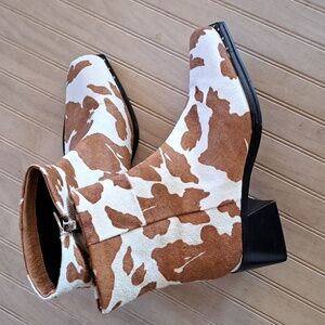 Topshop Cow Print Bold Leather Ankle Boots Western Stylish Block Heel Booties